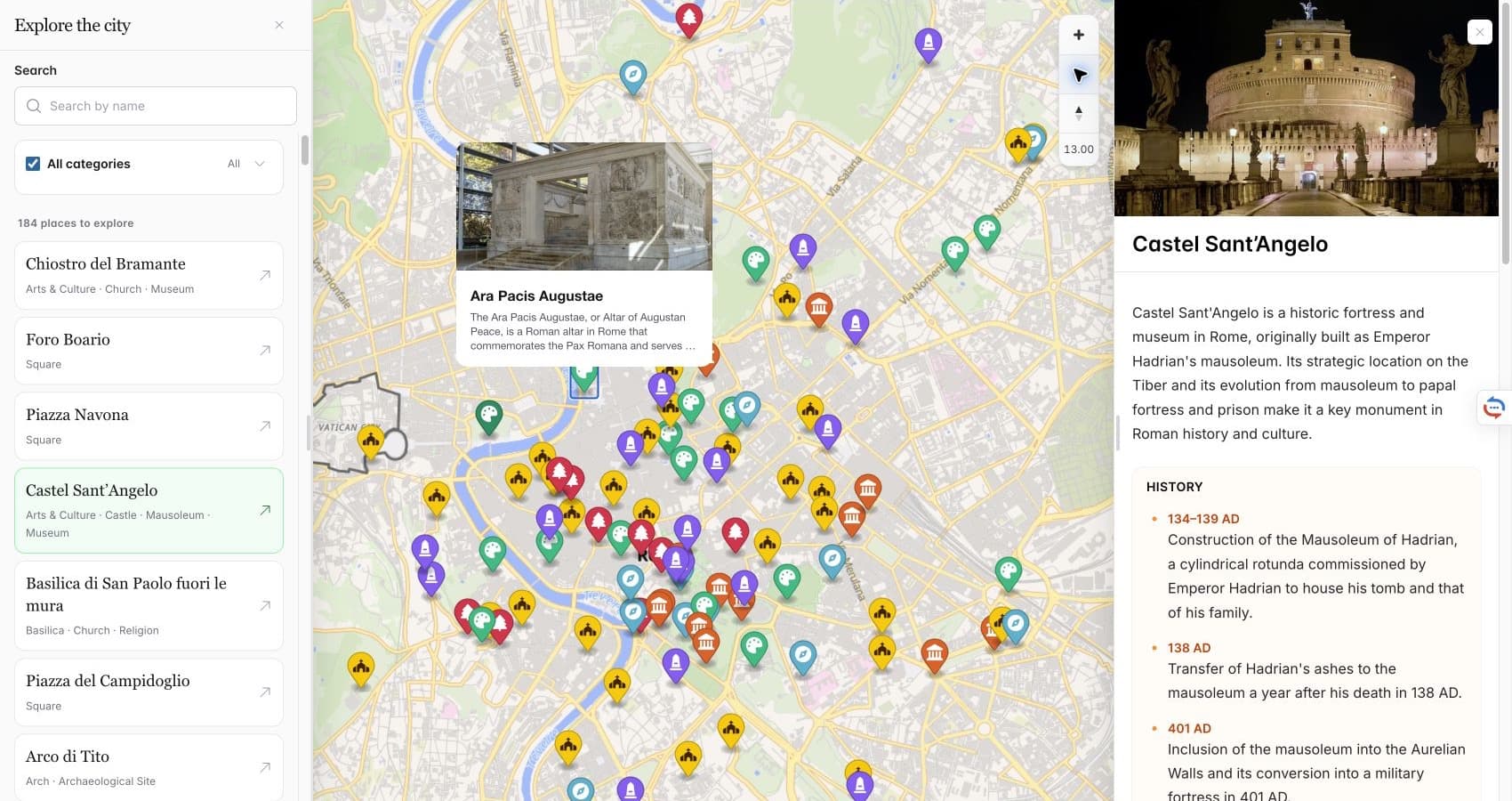 Mira map of Rome with place markers, an Ara Pacis preview, and the Castel Sant’Angelo detail panel open